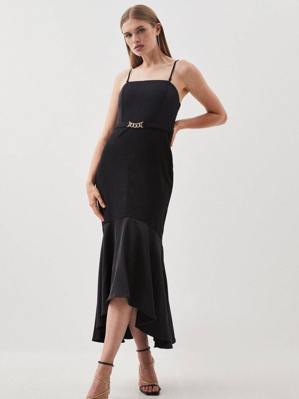 Karen Millen - Bardot Satin Back Crepe High Low Hem Woven Midi Cocktail Dress